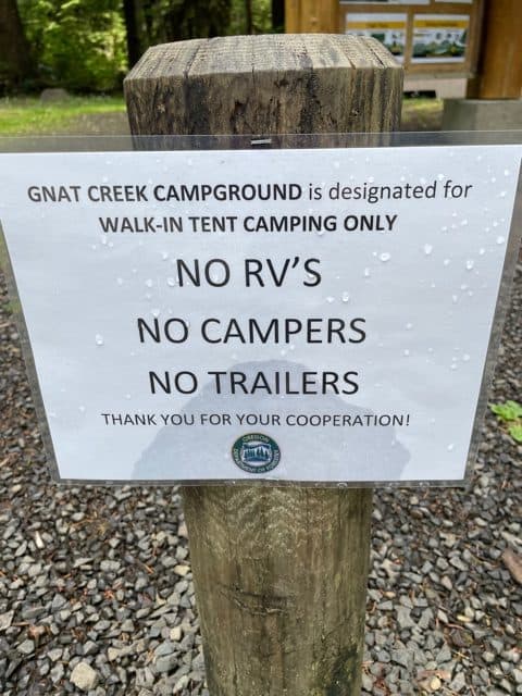 Sign saying No RVs allowed, Tents Only
