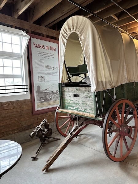 Covered wagon exhibit at Prairie Museum of Art and History in Western Kansas